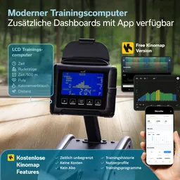 Modernen Trainingscomputer mit LCD-Display zeigt Zeit, Ruderzüge, Puls und Distanz. App-Funktionen sind verfügbar.