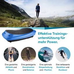Ein blauer Trainingsgerät auf einem Stein, im Hintergrund eine Berglandschaft mit einer stehenden Person. Text mit unterstützenden Trainingsvorteilen.