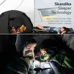 Zwei Szenen in einem Zelt: Oben eine Gruppe von Menschen auf Matten, unten zwei Kinder mit Taschenlampe, die in einem Buch lesen.