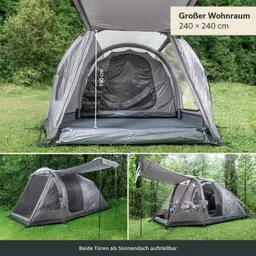 Graues Zelt in der Natur, mit Maßen von 240 x 240 cm und 190 cm Höhe. Die beiden Türen sind als Sonnendach aufstellbar.