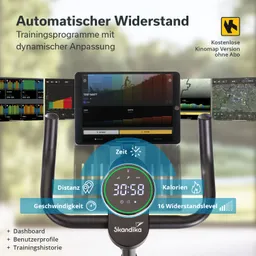 Ein Fitnessgerät mit digitalem Display zeigt Trainingsdaten an. Ein Tablet zeigt Grafiken und Karten für Trainingsprogramme.