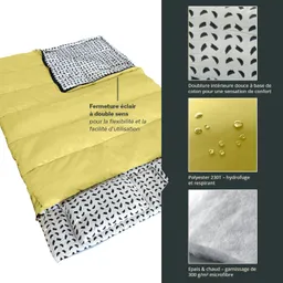 Schlafsack in Gelb und Schwarz mit einem inneren Bezug aus weißem Stoff mit schwarzem Muster. Informationen zu Materialien und Eigenschaften.
