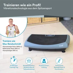 Vibrationsplatte in einem Raum mit Holzfußboden. Neben der Platte ist ein Bild einer Person mit zwei Medaillen. Text für Trainingseffekte.
