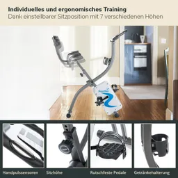 Ergometer mit verstellbarem Sitz und Handpulssensoren, Pedale und Getränkehalter in einem Wohnraum.