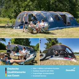 Ein großes Zelt auf einer Wiese, umgeben von Bäumen. Eine Familie sitzt an einem Tisch und isst, während eine Person steht. Im Hintergrund steht ein Fahrrad. Ein kleiner Bereich des Zeltes ist geöffnet, sodass die Innenstruktur sichtbar ist.