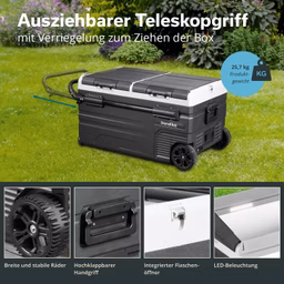 Kühltasche mit ausziehbarem Teleskopgriff, stabilen Rädern und verschiedenen Funktionen auf grünem Rasen.
