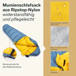 Mumienschlafsack aus Ripstop-Nylon in Blau und Gelb, Detailansicht mit Reißverschluss und Kälteschutz. Informationen zu Materialien.