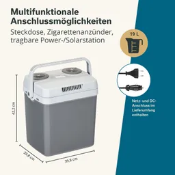 Tragbare Kühlbox in Grau mit grauem Deckel und Tragegriff. Maße: 42,2 cm Höhe, 39,8 cm Breite, 29,8 cm Tiefe. Funktionen angezeigt.