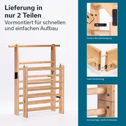 Holzregal in zwei Teilen, vorgefertigt für einfachen Aufbau. Zeigt stabile Wandbefestigung, feste Verbindungen und robuste Schrauben.