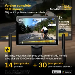 Anzeige eines Tablets mit einem virtuellen Radfahr-Training entlang einer Straße in einer Berglandschaft. Texte heben ein 30-tägiges kostenloses Angebot hervor.