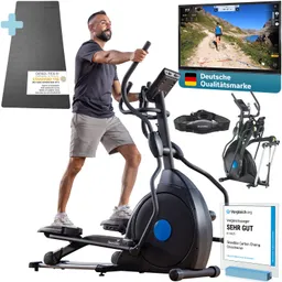 Mann benutzt einen Crosstrainer, während ein Bildschirm mit einer Laufstrecke angezeigt wird. Zubehör und Auszeichnungen sind sichtbar.