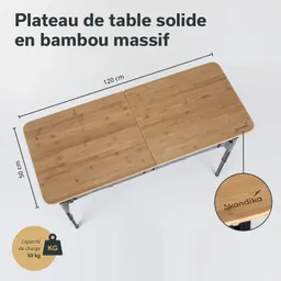 Tischplatte aus massivem Bambus mit den Maßen 120 cm x 50 cm. Auf der Platte ist ein Logo sichtbar.