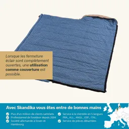 Blaues, gemustertes Produkt mit offenen Reißverschlüssen, das als Decke verwendet werden kann. Textinformationen auf dem Bild.