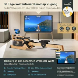Holz-Rudergerät mit Wasserbehälter vor einem Fernseher, auf dem ein Rudertraining gezeigt wird. Infos zu Kinomap-Zugang und Vorteilen.