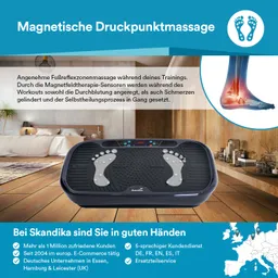Massagegerät mit Sensoren zur Fußreflexzonenmassage, an einer hellen Holzoberfläche in einem Wohnraum platziert. Schriftzug und Infotexte darüber.