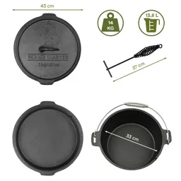 Gusseisen-Kochtopf mit Deckel, Durchmesser 43 cm, Volumen 13,8 l, Gewicht 14 kg, mit einem schwarzen Hebel.