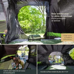 Zelt mit zwei Eingängen, innen mit Schlafmatte, Freiraum und ausgebautem Insektenschutz. Grüne Pflanzen im Hintergrund.