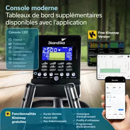 Modernes Fitnessgerät mit LED-Konsole, Anzeige für Geschwindigkeit, Herzfrequenz und Kalorienverbrauch. Smartphone-App integriert.