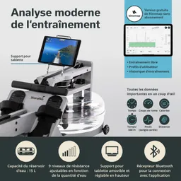 Rudergerät mit Wasserbehälter und Tablet-Halterung. Anzeige von Trainingsdaten wie Zeit, Kalorien und Widerstandsniveau.
