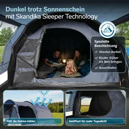 Zelt mit drei Personen im Inneren, die auf Matratzen liegen. Eine Person liest einem Kind vor. Daneben Informationen zur Zelttechnologie.