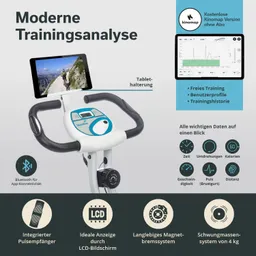 Fitnessgerät mit Tablet-Halterung, LCD-Bildschirm, Pulsreceiver und Bedienelementen. Informationen zu Trainingseinstellungen und App-Konnektivität.