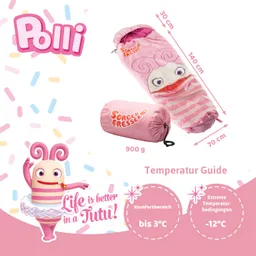 Schlafsack in Pink mit Comicfigur und Verpackung. Maße: 140 cm x 30 cm, Gewicht 900 g. Temperaturguide bis -12 °C.