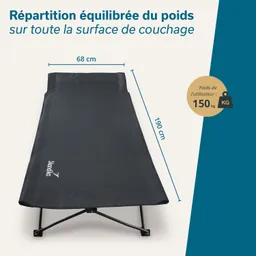 Schwarze Liege mit den Maßen 68 cm x 190 cm, auf einem weißen Hintergrund. Gewichtskapazität: 150 kg.