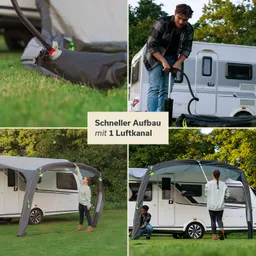Luftzelt für Camping, aufgebaut neben einem Wohnwagen. Personen beim Aufbau und Arbeiten mit einer Pumpe.