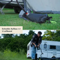Zwei Bilder: Oben ist ein schwarzer Luftkanal mit grünem Kabel auf Gras zu sehen. Unten pumpt eine Person mit einer Handpumpe ein Zelt auf, im Hintergrund ein Wohnmobil und Bäume.