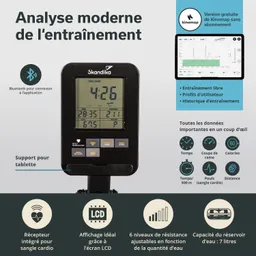 Displays a fitness device with an LCD screen showing workout data such as time, strokes, calories, and heart rate. Includes features for Bluetooth connection, tablet support, and adjustable resistance levels.
