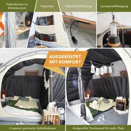 Zeltinterieur mit Folienfenstern, einem Organizer, Kabeldurchführung und Lampenaufhängung. Zwei separate Schlafkabinen sichtbar.