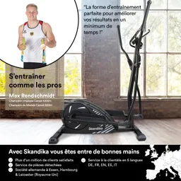 Sportgerät in einem Raum mit Fenster und Ziegelmauer. Links steht eine Person mit Medaillen in Sportkleidung.