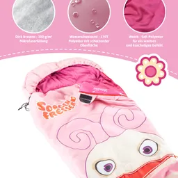 Kuschelschlafsack in Pink mit Farbdetails und tierischem Gesicht, umgeben von Informationsgrafiken zu Materialien und Eigenschaften.