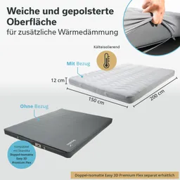 Matte in zwei Varianten: eine mit gepolsterter Oberfläche (12 cm, grau mit Wellenmuster) und eine ohne Bezug (schwarz). Maße: 150 cm x 200 cm.