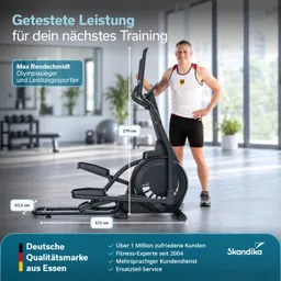 Ellenbogentrainer in einem Zimmer mit großen Fenstern. Person steht neben dem Gerät. Text und Maßangaben sind eingeblendet.
