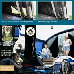 Bild eines Zeltes mit Schlafkabine und Wohnbereich, inklusive großen Fenstern mit Moskitonetzen. Personen im Zelt sitzen und stehen, entspannend.