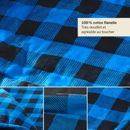 Karierter Stoff in Blau und Schwarz, bestehend aus quadratischen Mustern. Rechts Text über Material und Beschaffenheit.