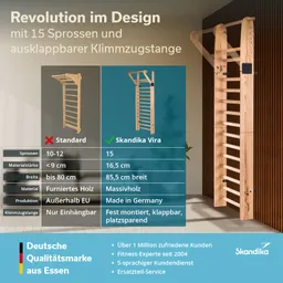 Klimmzugstange mit 15 Sprossen, aus Massivholz, neben Vergleich mit Standardmodell, Informationen zu Material und Produktion.