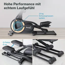 Ellipsentrainer mit Schwungmassensystem (25 kg) und Q-Faktor (6 cm). Sichtbare Elemente: Pedale, Rahmen und Rad.