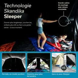 Schlafzimmer in einem Zelt mit bunten Schlafsäcken. Eine Person steht, während zwei andere lesen. Zeltöffnungen zeigen Licht.