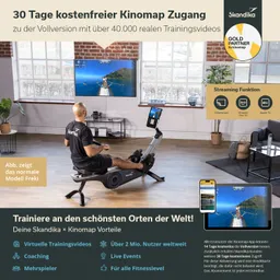 Person auf einem Rudergerät in einem modernen Raum, Bildschirm zeigt eine Landschaft. Werbung für Kinomap-Zugang.