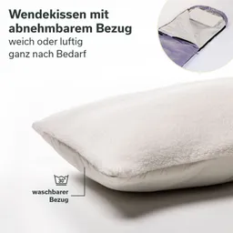 Wendekissen mit abnehmbarem Bezug, eine Seite weich, die andere luftiger. Hinweise auf waschbaren Bezug.