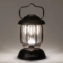 Tischlampe mit transparentem Gehäuse, schwarzem Sockel und Tragegriff. Leuchtmittel erhellt die Umgebung.