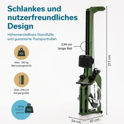 Rudergerät in grünem Design mit höhenverstellbaren Standfüßen. Maße: 211 cm hoch, 54 cm breit, 47 cm tief. Maximalgewicht 180 kg.