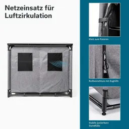 Netzeinsatz aus grauem Stoff mit zwei quadratischen Öffnungen. Details zu Klettverschluss, Reißverschluss und stabilen Standfüßen.