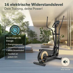 Ein elliptischer Trainer steht auf einem Holzfußboden in einem modernen Raum mit Pflanzen. Textelemente beschreiben Eigenschaften des Geräts.