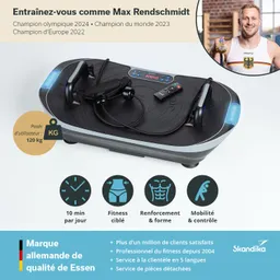 Vibrationsgerät mit Display, Fernbedienung und Kopfhörern, daneben ein Foto eines Mannes mit Medaille. Textelemente und Icons für Fitness.