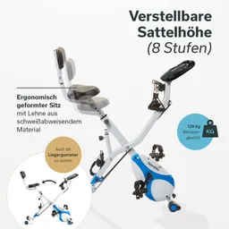 Ergometer mit zwei Sitzpolstern, verstellbarer Sattelhöhe, schweißabweisender Lehne und blauen Akzenten. Max. Benutzergewicht 120 kg.