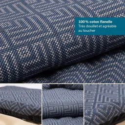 Muster aus blauem und grauem Flanellstoff mit verschiedenen Texturansichten, ein Textfeld beschreibt den Stoff.