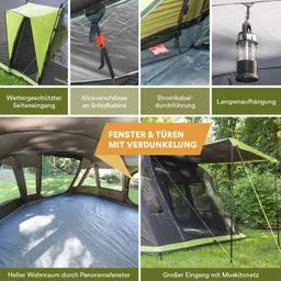 Zelt mit verschiedenen Merkmalen: wettergeschützter Eingang, Klickverschlüsse, Stromkabeldurchführung, Lampe, große Fenster, Moskitonetz.